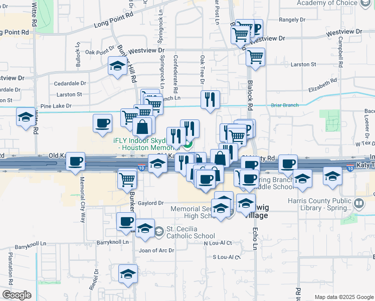 map of restaurants, bars, coffee shops, grocery stores, and more near 9540 Katy Freeway in Houston