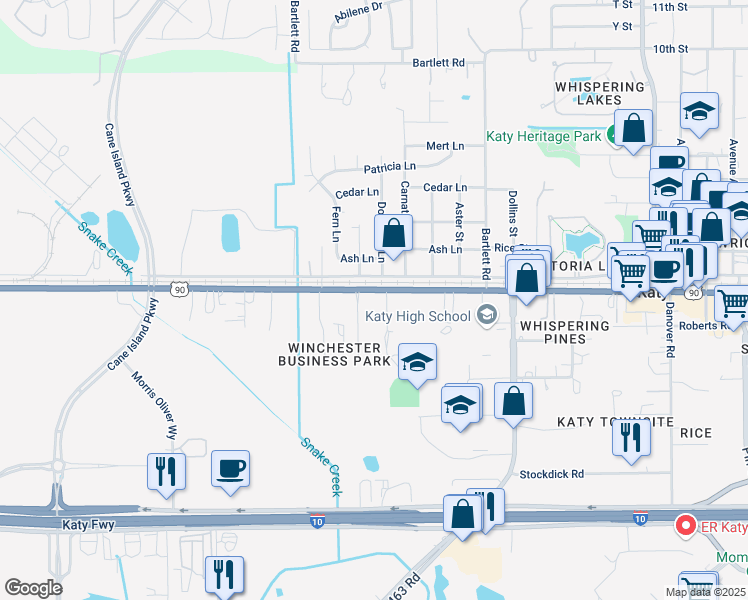 map of restaurants, bars, coffee shops, grocery stores, and more near 6701 Highway Boulevard in Katy