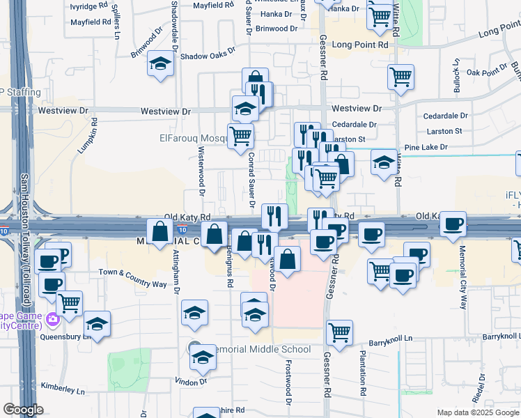map of restaurants, bars, coffee shops, grocery stores, and more near 10190 Katy Freeway in Houston