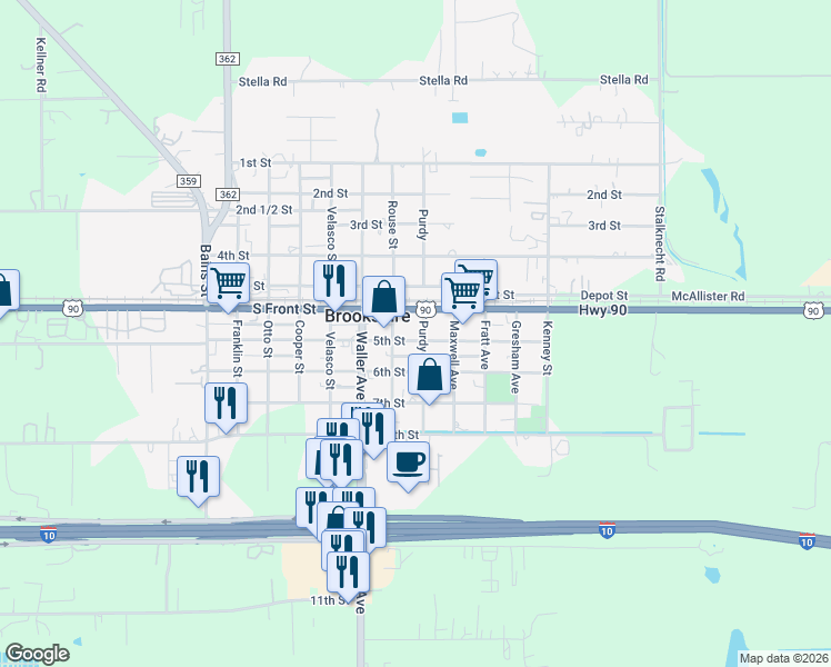 map of restaurants, bars, coffee shops, grocery stores, and more near 907 Purdy in Brookshire