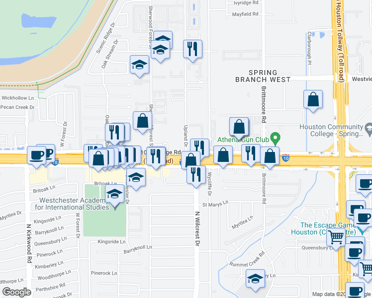 map of restaurants, bars, coffee shops, grocery stores, and more near 1011 Upland Dr in Houston