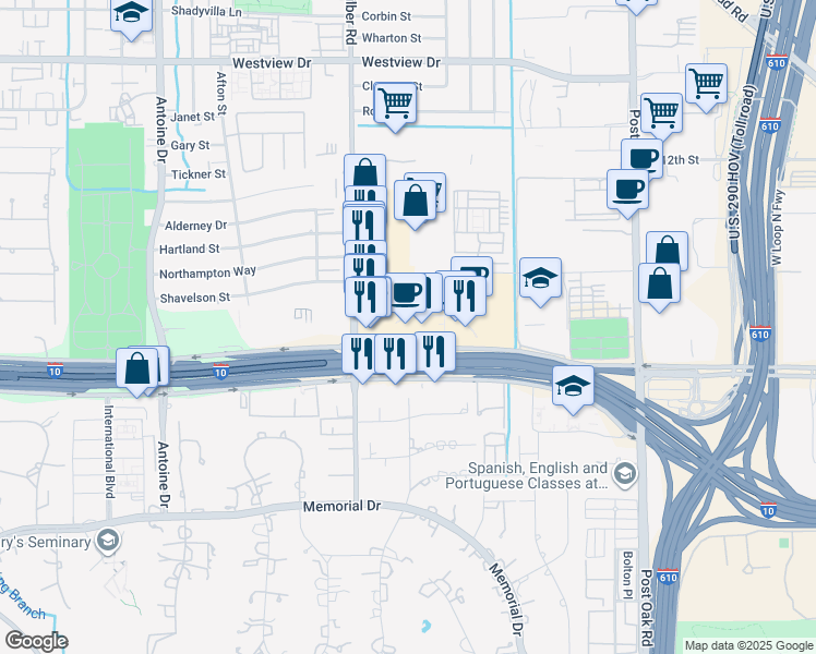 map of restaurants, bars, coffee shops, grocery stores, and more near 7620 Katy Freeway in Houston