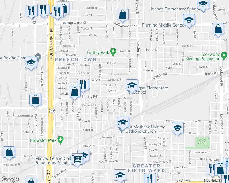 map of restaurants, bars, coffee shops, grocery stores, and more near 4002 Ranch Street in Houston