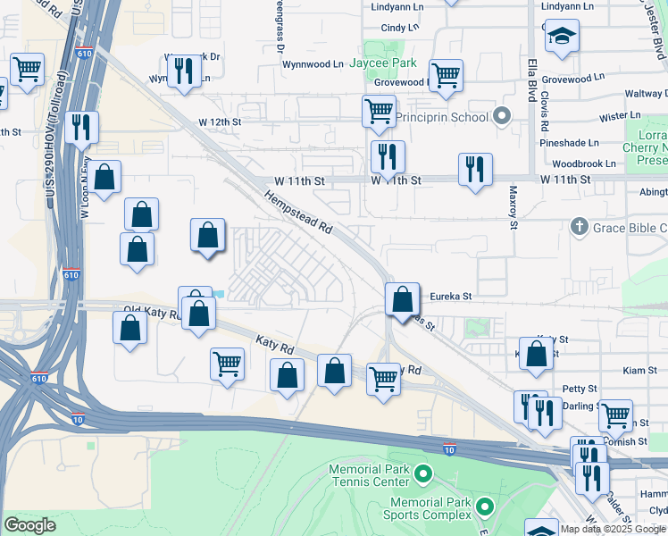 map of restaurants, bars, coffee shops, grocery stores, and more near 8321 Hempstead Road in Houston