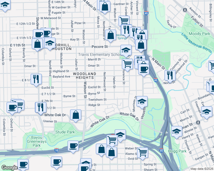 map of restaurants, bars, coffee shops, grocery stores, and more near 525 Euclid Street in Houston