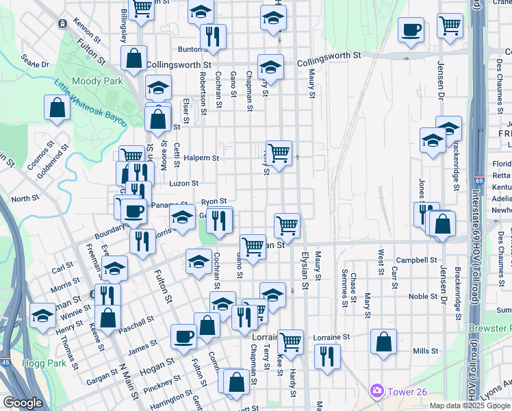 map of restaurants, bars, coffee shops, grocery stores, and more near 2604 Chapman Street in Houston