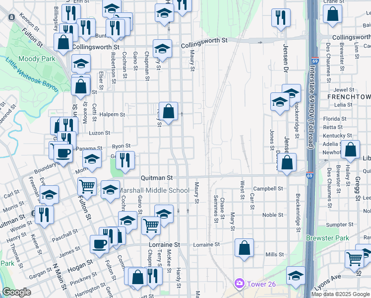 map of restaurants, bars, coffee shops, grocery stores, and more near 1802 Elysian Street in Houston