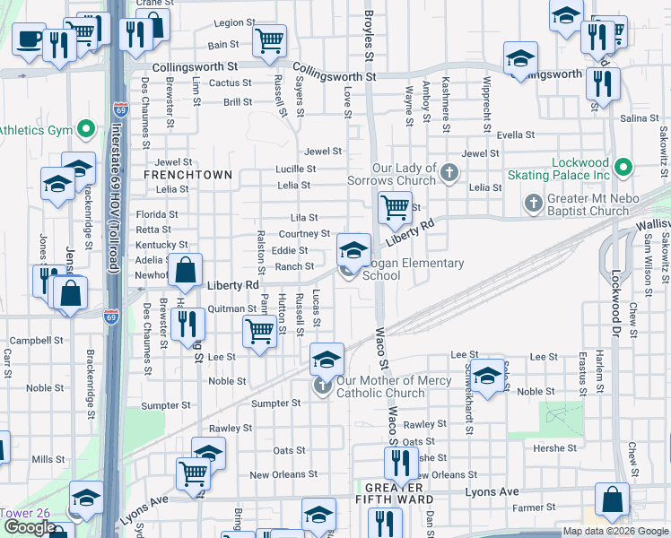 map of restaurants, bars, coffee shops, grocery stores, and more near 4125 Liberty Road in Houston