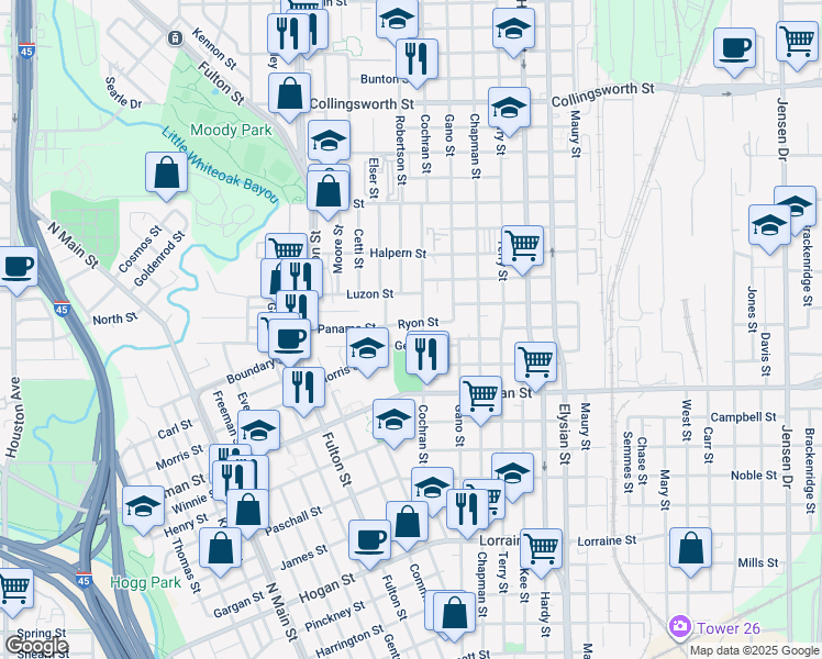 map of restaurants, bars, coffee shops, grocery stores, and more near 1134 Ryon Street in Houston