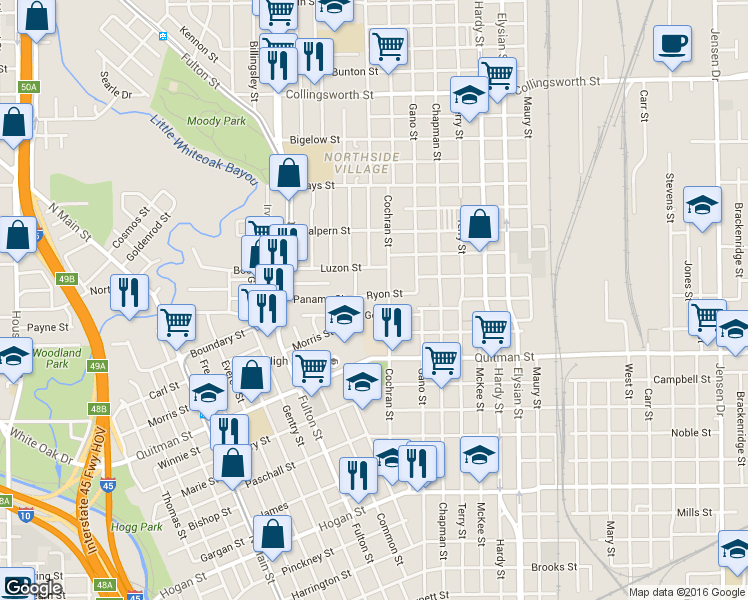 map of restaurants, bars, coffee shops, grocery stores, and more near 1134 Ryon Street in Houston