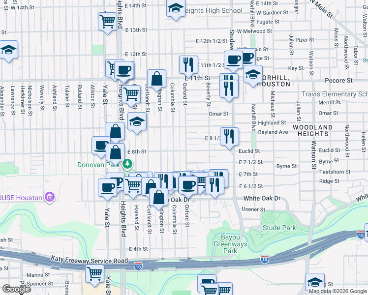 map of restaurants, bars, coffee shops, grocery stores, and more near 515 East 8th Street in Houston