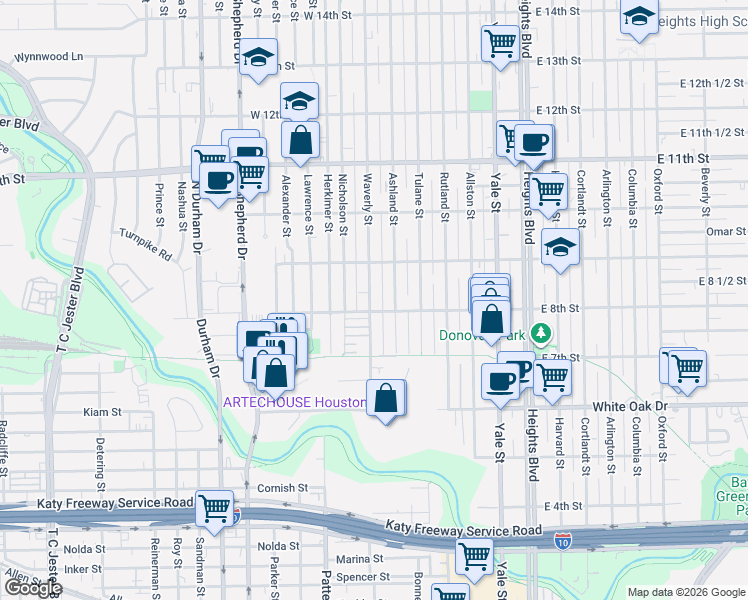 map of restaurants, bars, coffee shops, grocery stores, and more near 811 Waverly Street in Houston