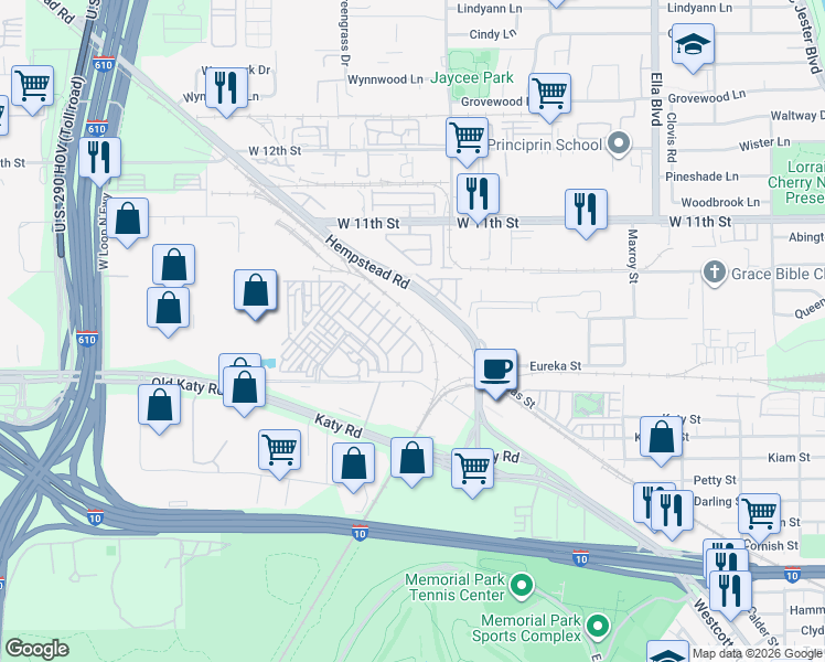 map of restaurants, bars, coffee shops, grocery stores, and more near 8321 Hempstead Road in Houston