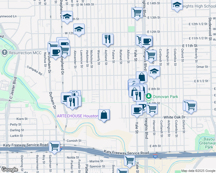 map of restaurants, bars, coffee shops, grocery stores, and more near 810 Ashland Street in Houston