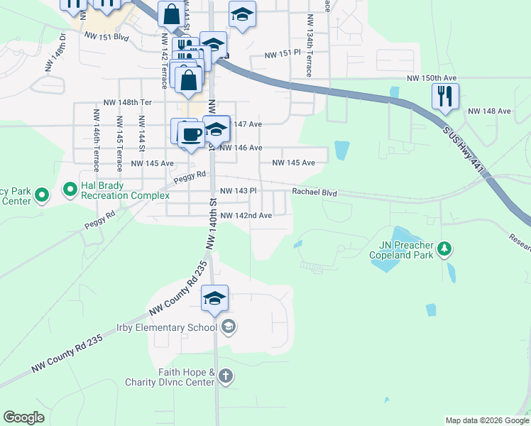 map of restaurants, bars, coffee shops, grocery stores, and more near 14201 Northwest 137th Terrace in Alachua