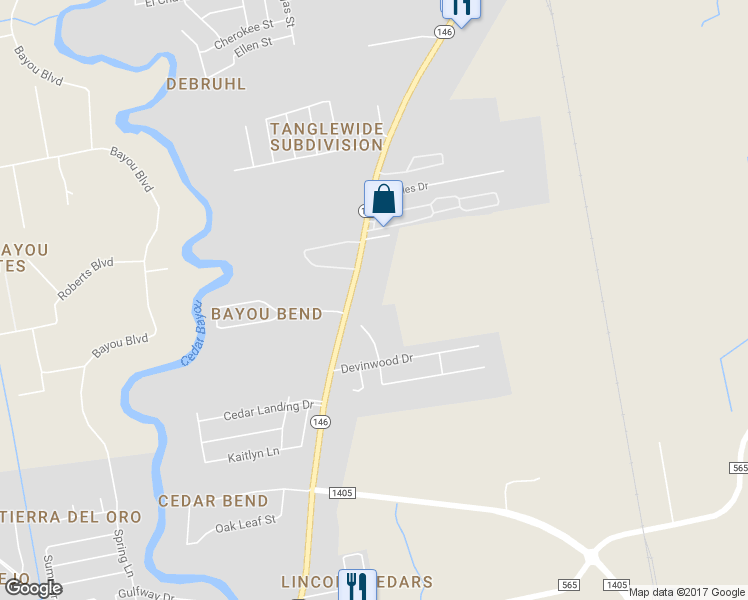 map of restaurants, bars, coffee shops, grocery stores, and more near 6130 Texas 146 in Baytown