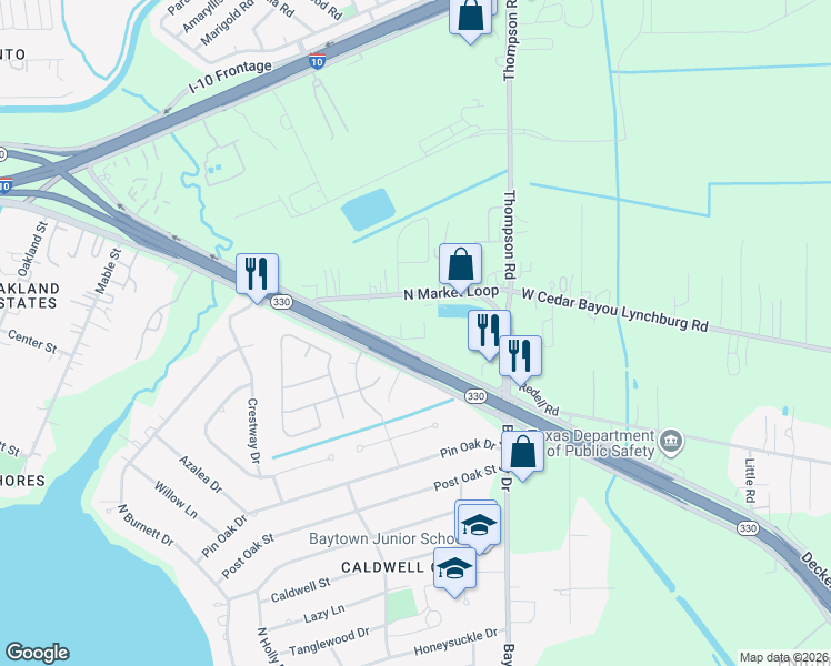 map of restaurants, bars, coffee shops, grocery stores, and more near 6204 Decker Drive in Baytown