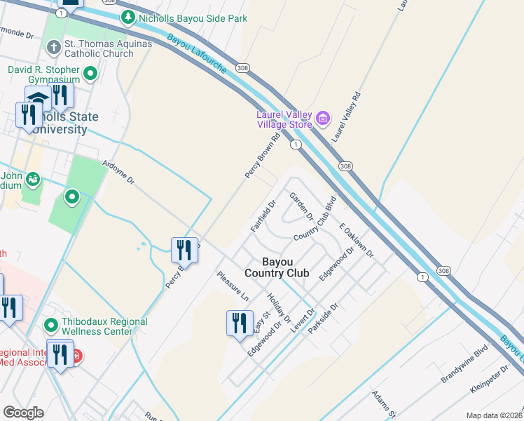 map of restaurants, bars, coffee shops, grocery stores, and more near 211 Fairfield Drive in Thibodaux
