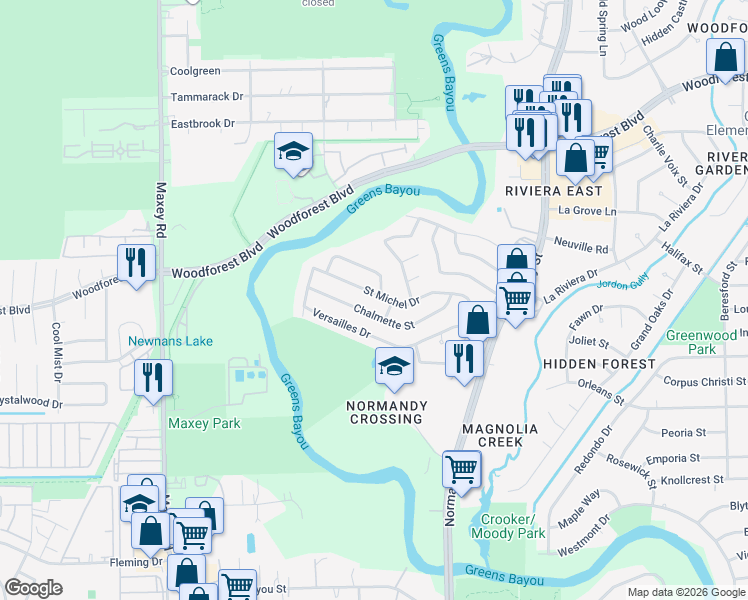 map of restaurants, bars, coffee shops, grocery stores, and more near 12466 Saint Michel Drive in Houston