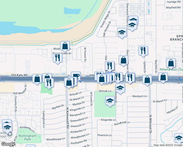 map of restaurants, bars, coffee shops, grocery stores, and more near 11510 Katy Freeway in Houston