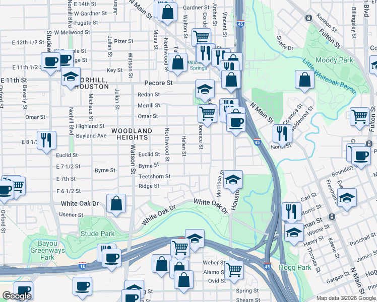 map of restaurants, bars, coffee shops, grocery stores, and more near 423 Euclid Street in Houston