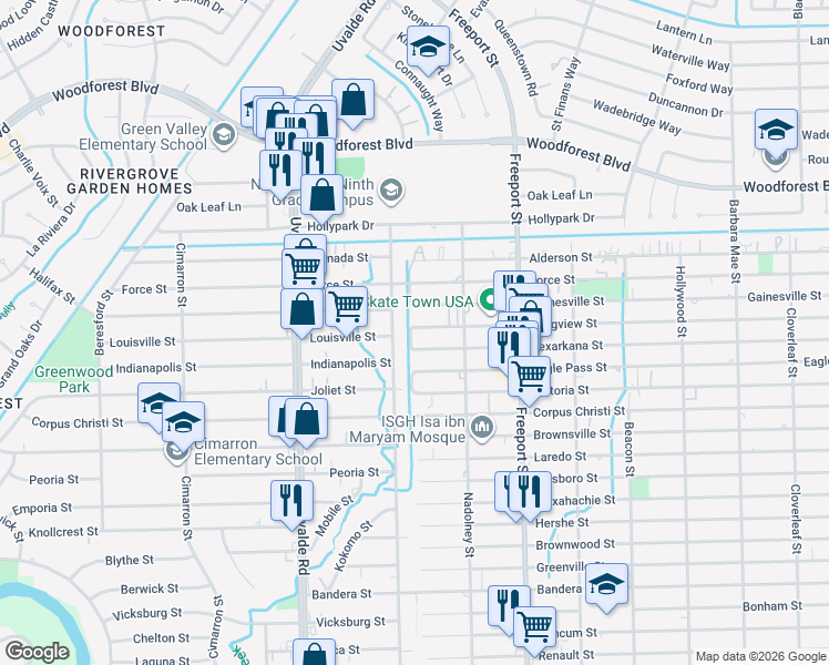 map of restaurants, bars, coffee shops, grocery stores, and more near 13704 Longview Street in Houston