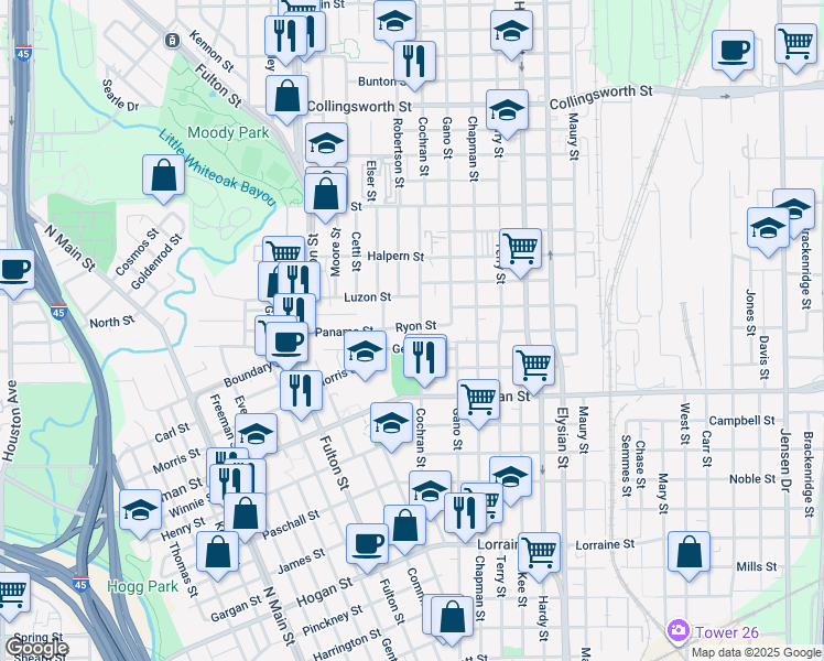 map of restaurants, bars, coffee shops, grocery stores, and more near 1134 Ryon Street in Houston