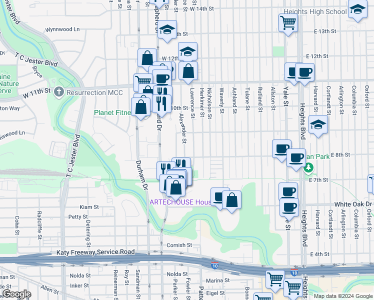 map of restaurants, bars, coffee shops, grocery stores, and more near 814 Alexander Street in Houston
