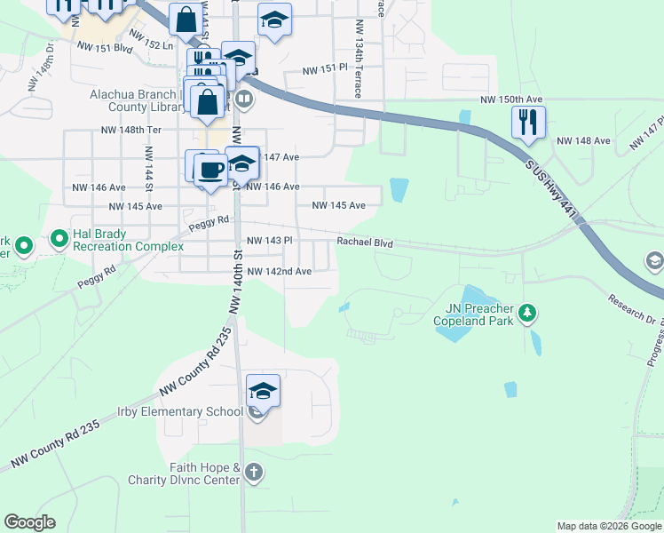 map of restaurants, bars, coffee shops, grocery stores, and more near 14203 Northwest 135 Terrace in Alachua