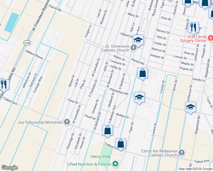 map of restaurants, bars, coffee shops, grocery stores, and more near 201 Mable Street in Thibodaux