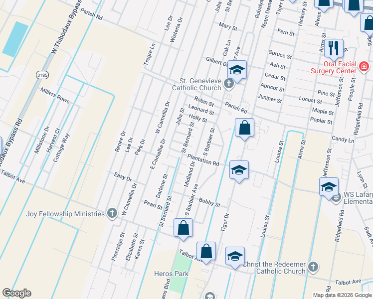 map of restaurants, bars, coffee shops, grocery stores, and more near 1601 Saint Bernard Street in Thibodaux