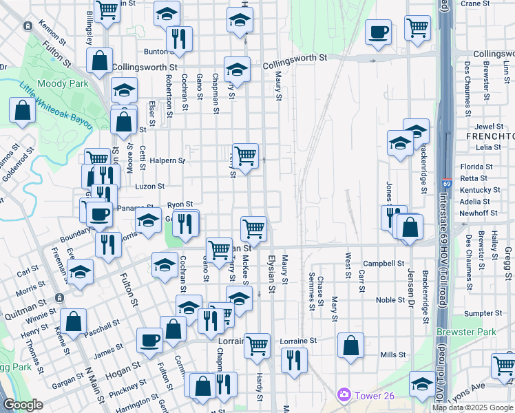 map of restaurants, bars, coffee shops, grocery stores, and more near 2702 Hardy Street in Houston