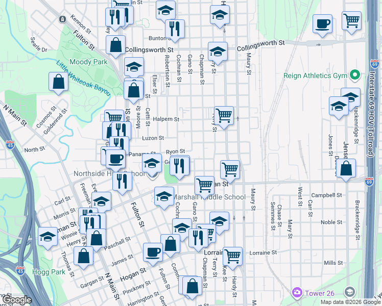 map of restaurants, bars, coffee shops, grocery stores, and more near 1302 Ryon Street in Houston
