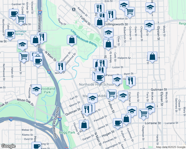map of restaurants, bars, coffee shops, grocery stores, and more near 906 1/2 Panama Street in Houston