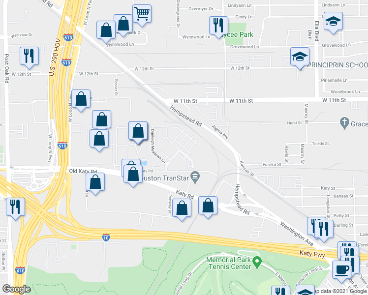 map of restaurants, bars, coffee shops, grocery stores, and more near 7002 Old Katy Road in Houston