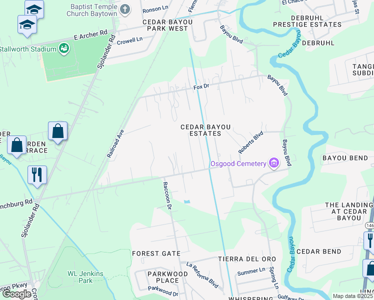 map of restaurants, bars, coffee shops, grocery stores, and more near 5107 Timber Ridge Street in Baytown