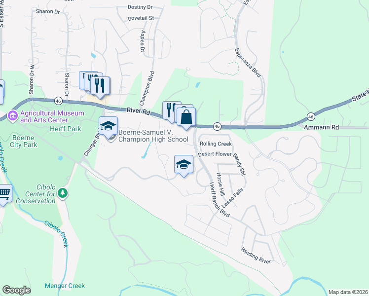 map of restaurants, bars, coffee shops, grocery stores, and more near 113 Clear Water in Boerne