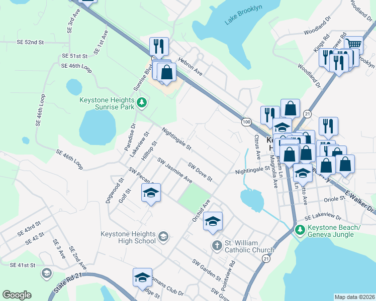 map of restaurants, bars, coffee shops, grocery stores, and more near 635 Nightingale Street in Keystone Heights
