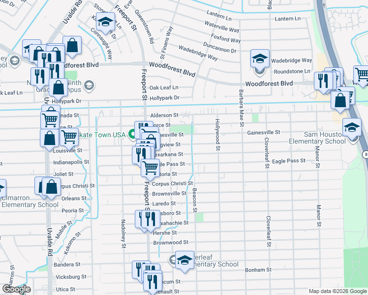 map of restaurants, bars, coffee shops, grocery stores, and more near 14026 Longview Street in Houston