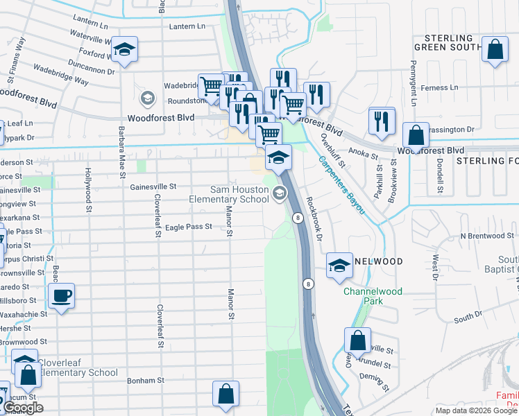 map of restaurants, bars, coffee shops, grocery stores, and more near 14645 Texarkana Street in Houston