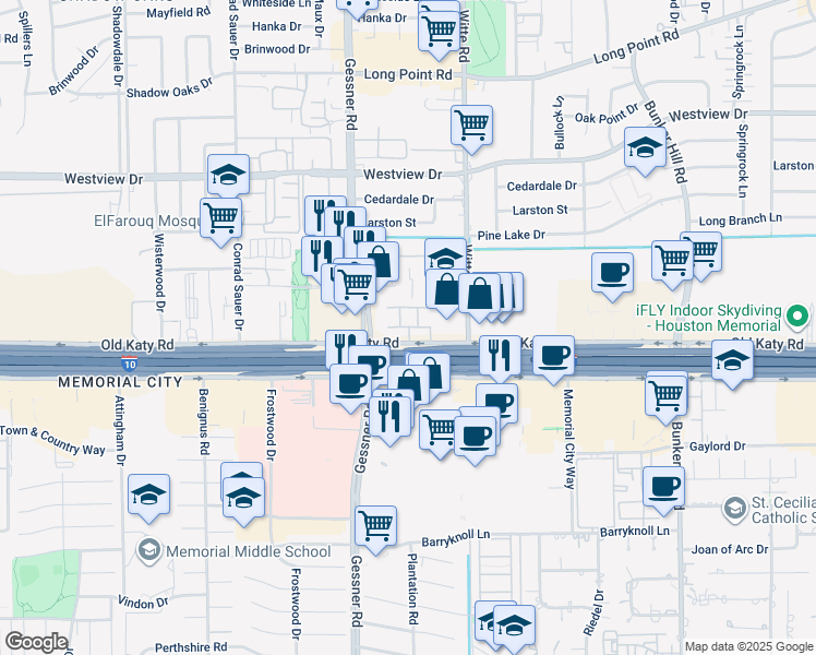 map of restaurants, bars, coffee shops, grocery stores, and more near 10060 Katy Freeway in Houston