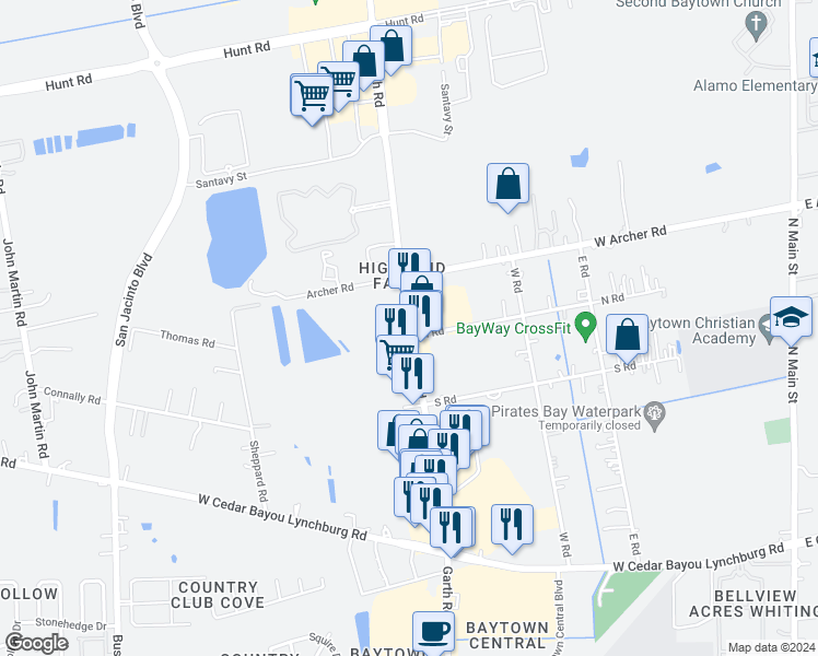 map of restaurants, bars, coffee shops, grocery stores, and more near Garth Road in Baytown