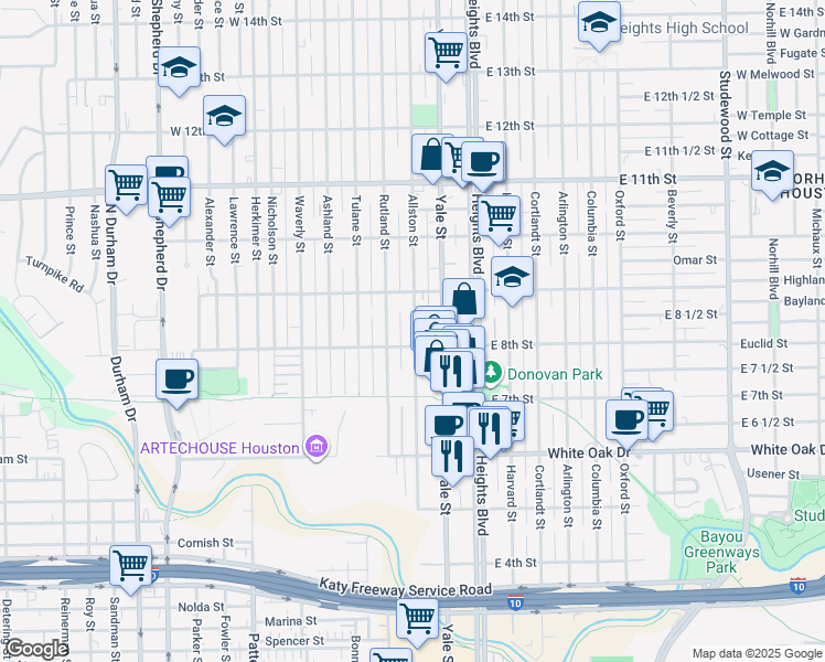 map of restaurants, bars, coffee shops, grocery stores, and more near 813 Allston Street in Houston