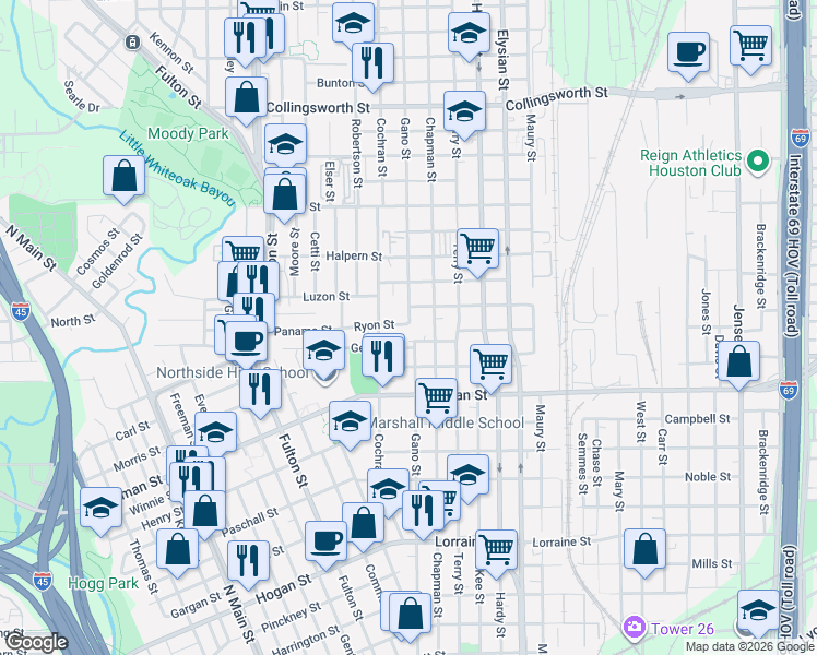 map of restaurants, bars, coffee shops, grocery stores, and more near 1302 Ryon Street in Houston