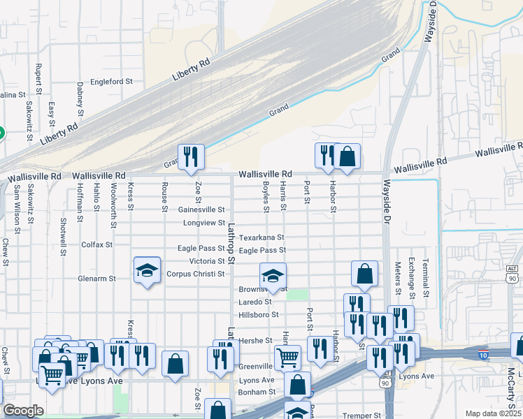 map of restaurants, bars, coffee shops, grocery stores, and more near 7019 Gainesville Street in Houston