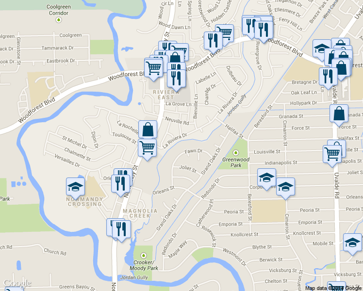 map of restaurants, bars, coffee shops, grocery stores, and more near 726 Fawn Drive in Houston