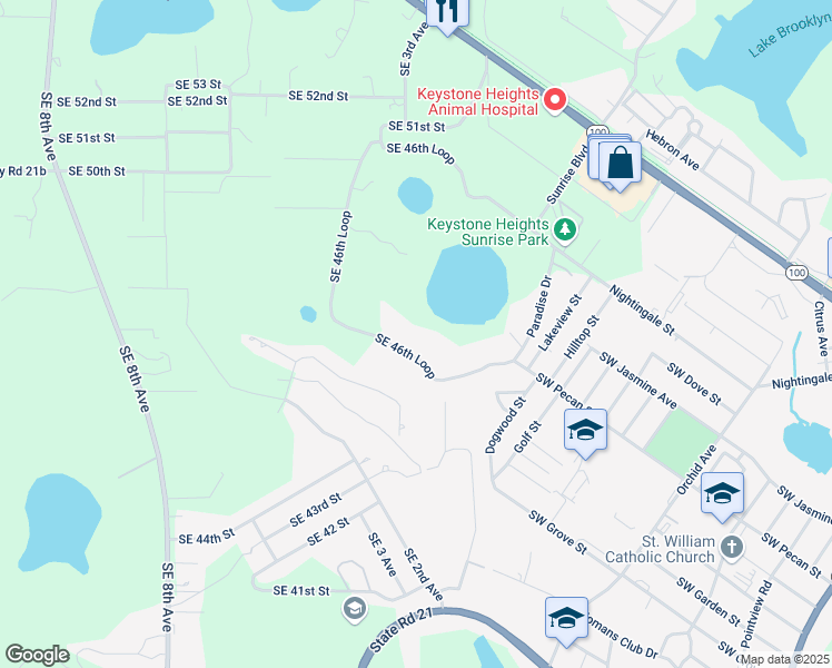map of restaurants, bars, coffee shops, grocery stores, and more near 279 Southeast 46th Loop in Keystone Heights