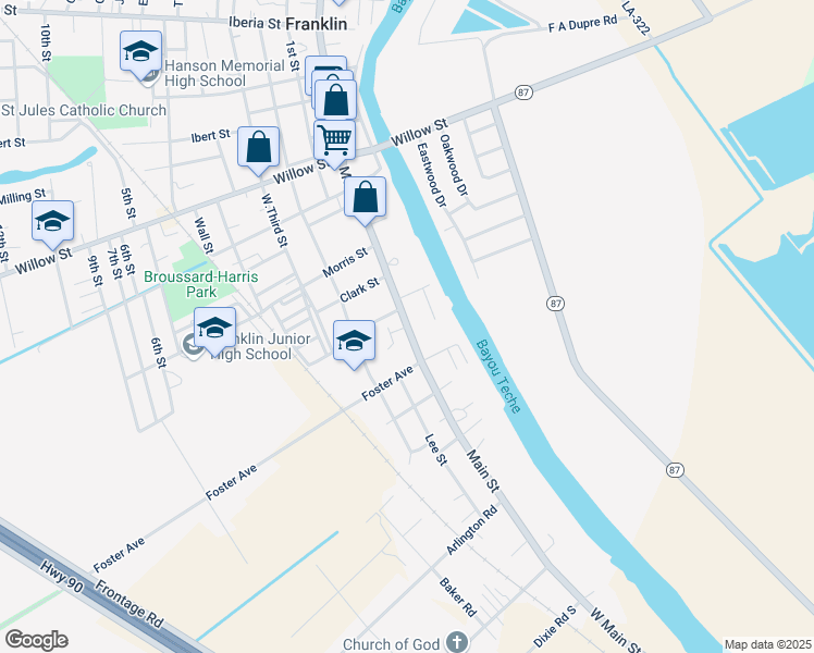 map of restaurants, bars, coffee shops, grocery stores, and more near 102 Main Street in Franklin