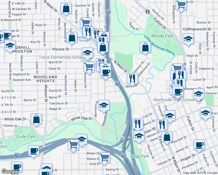 map of restaurants, bars, coffee shops, grocery stores, and more near 210 East Woodland Street in Houston