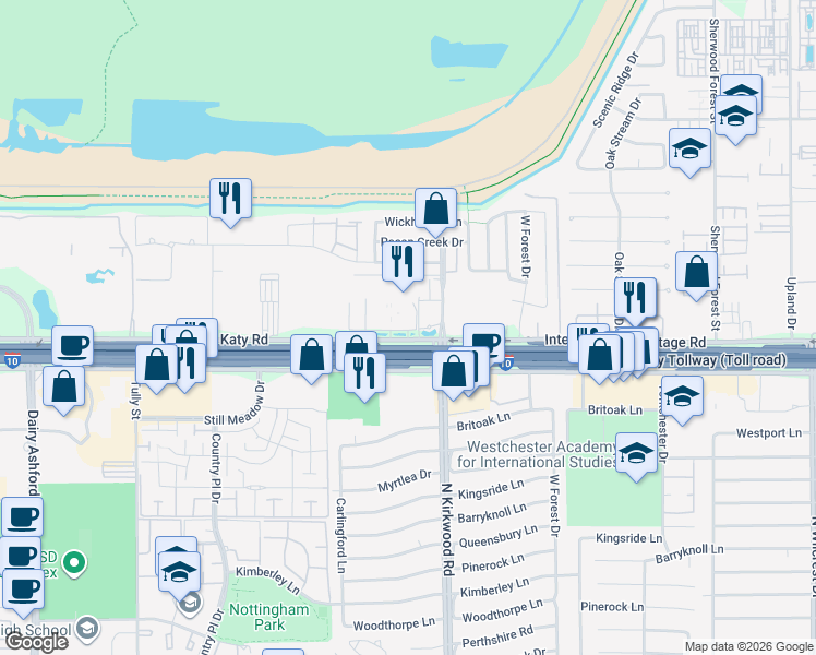 map of restaurants, bars, coffee shops, grocery stores, and more near 11720 Katy Freeway in Houston